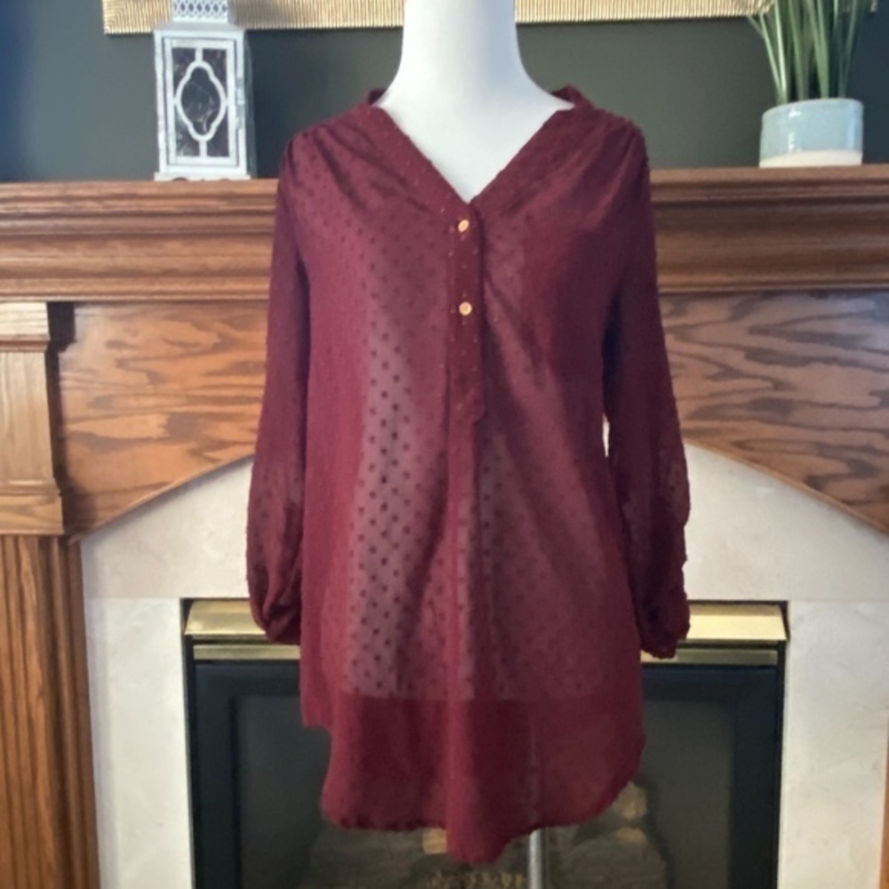 Modcloth Women's Burgundy Textured Semi‎ Sheer Popover Casual BlouseTop Sz. S